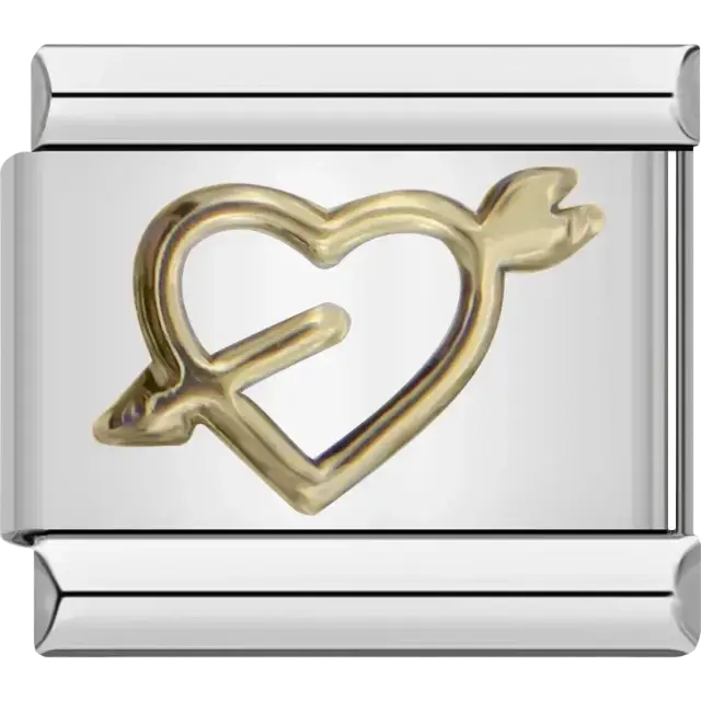 Gold heart pierced with arrow on metal Italian charm bracelet link