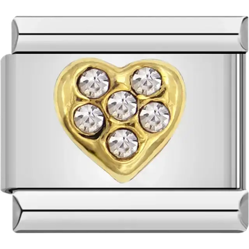 Heart-shaped gold design adorned with six clear crystals Italian charm bracelet link
