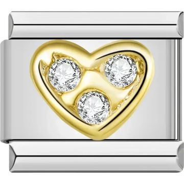 Gold heart with three crystals Italian charm bracelet link