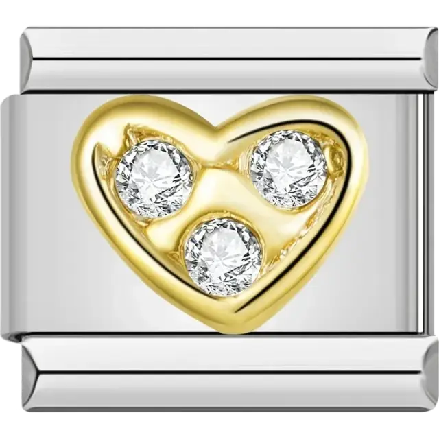 Gold heart with three crystals Italian charm bracelet link