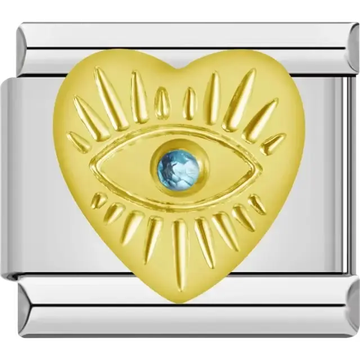 Gold heart featuring an evil eye design with rays and a blue crystal center Italian charm bracelet link