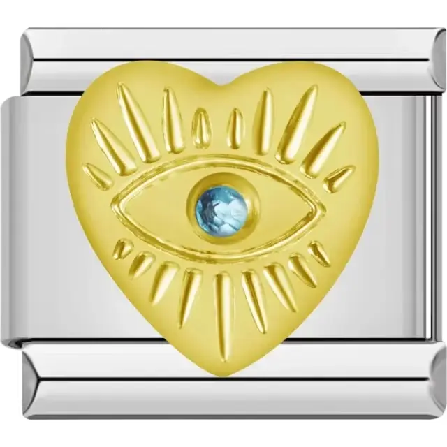 Gold heart featuring an evil eye design with rays and a blue crystal center Italian charm bracelet link