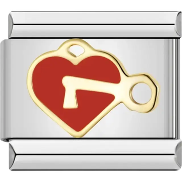 Gold heart with a red center and keyhole Italian charm bracelet link