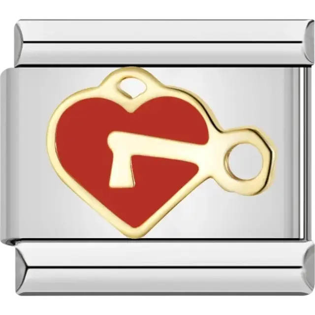 Gold heart with a red center and keyhole Italian charm bracelet link