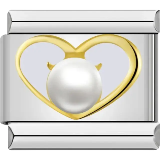 Gold heart with pearl center Italian charm bracelet link