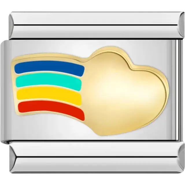 Gold heart with blue turquoise yellow and red rainbow streaks Italian charm bracelet link