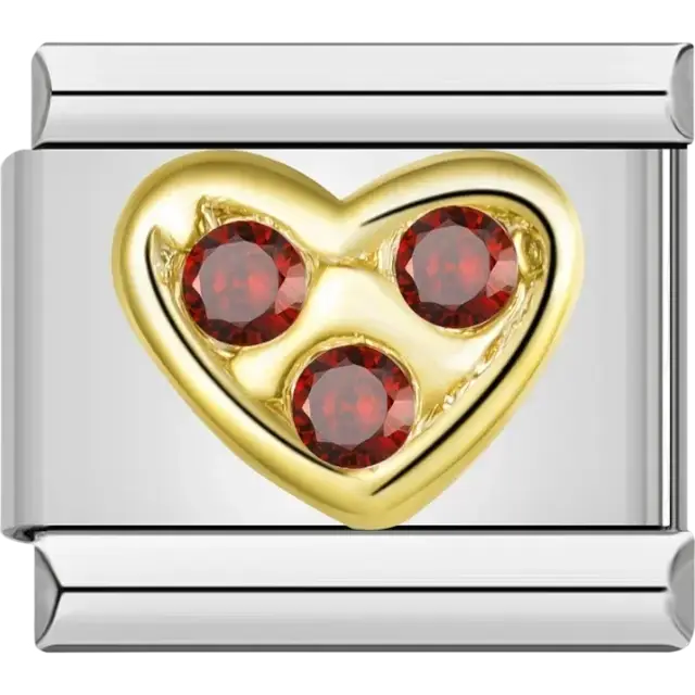 Gold heart with three red crystals Italian charm bracelet link