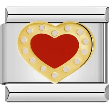 Gold heart design with red detail and dotted border Italian charm bracelet link
