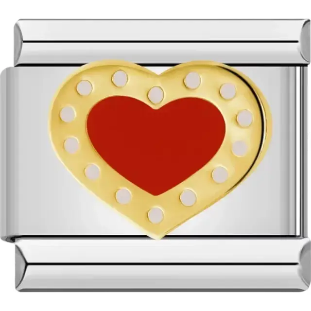 Gold heart design with red detail and dotted border Italian charm bracelet link