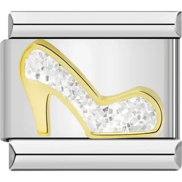 Gold high heel shoe design with sparkling silver accents Italian charm bracelet link