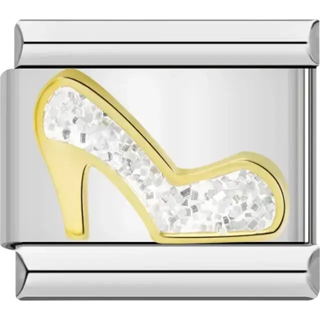 Gold high heel shoe design with sparkling silver accents Italian charm bracelet link