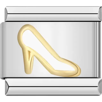 Gold high heel shoe outline with a white center Italian charm bracelet link