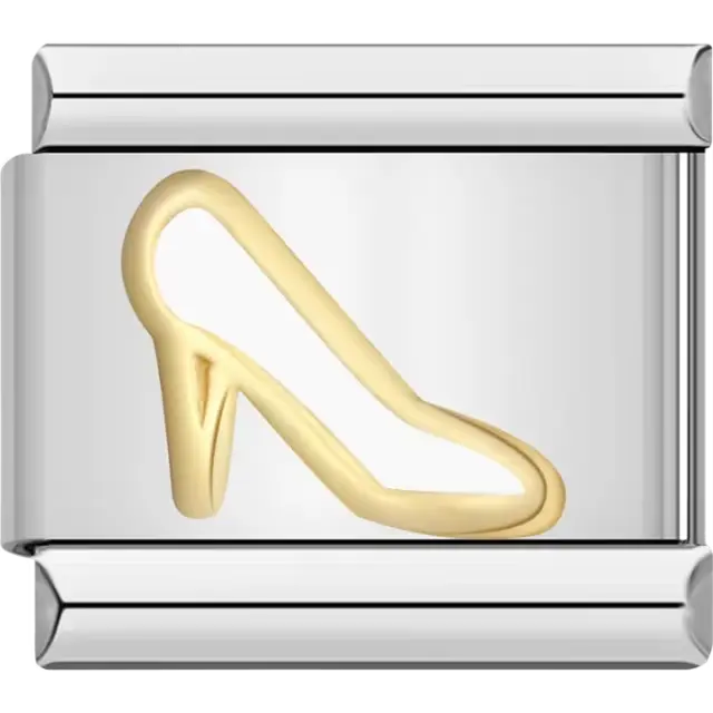 Gold high heel shoe outline with a white center Italian charm bracelet link