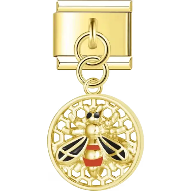 Gold dangling honeybee with black wings red stripes and a honeycomb background Italian charm bracelet link