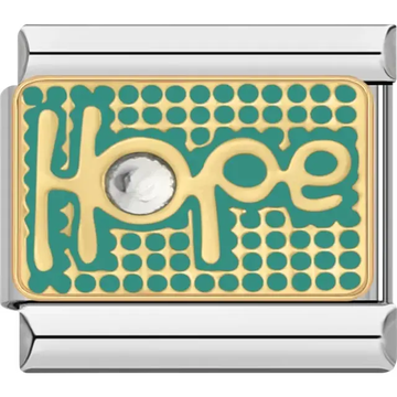 Gold "Hope" design with green detailing and a single clear crystal Italian charm bracelet link