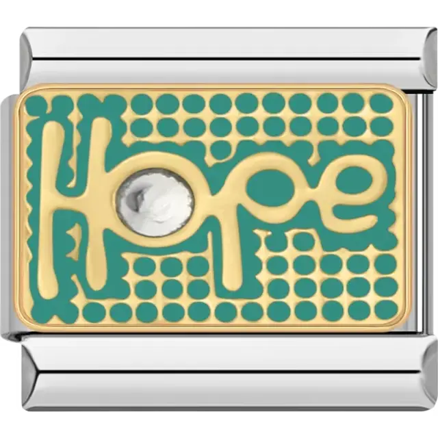 Gold "Hope" design with green detailing and a single clear crystal Italian charm bracelet link