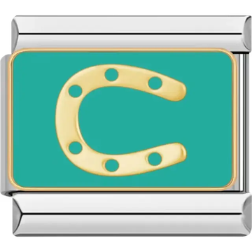 Gold horseshoe design on a green background Italian charm bracelet link
