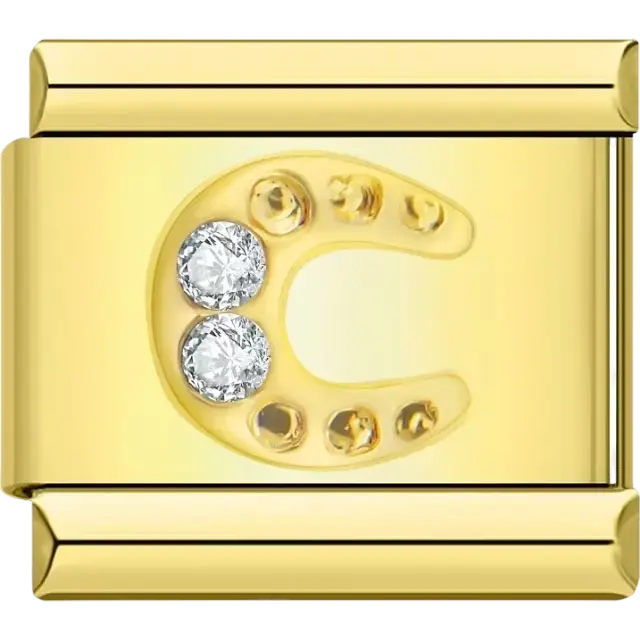 Gold horseshoe featuring two sparkling crystals Italian charm bracelet link