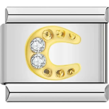 Gold horseshoe featuring two sparkling crystals Italian charm bracelet link