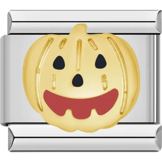 Golden jack-o’-lantern with black and red features Italian charm bracelet link