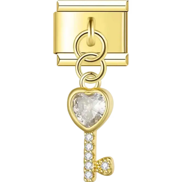 Gold key with heart-shaped crystal and small crystal accents Italian charm bracelet link