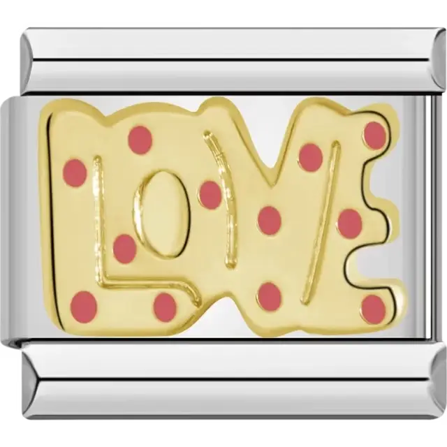Gold "Love" text with pink polka dots Italian charm bracelet link