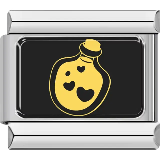 Black rectangular charm with gold potion bottle and heart details Italian charm bracelet link
