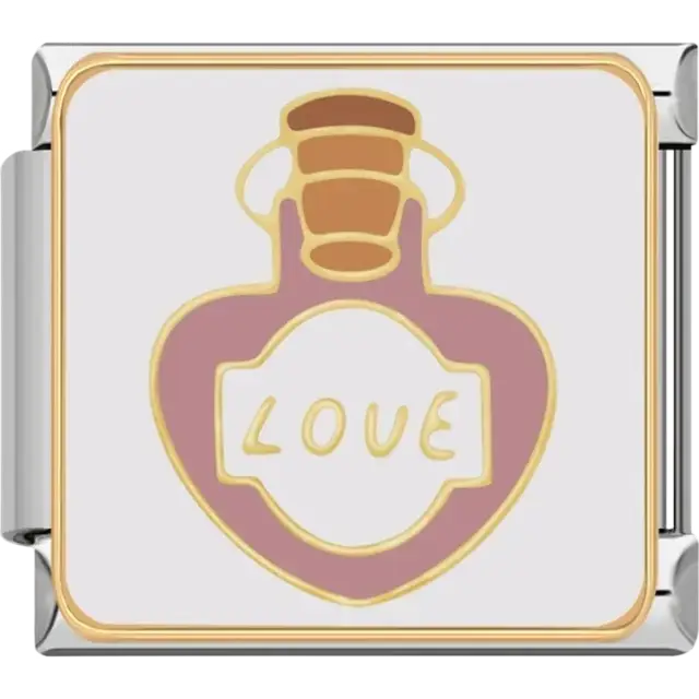 Gold and pink heart-shaped potion bottle with “LOVE” text Italian charm bracelet link