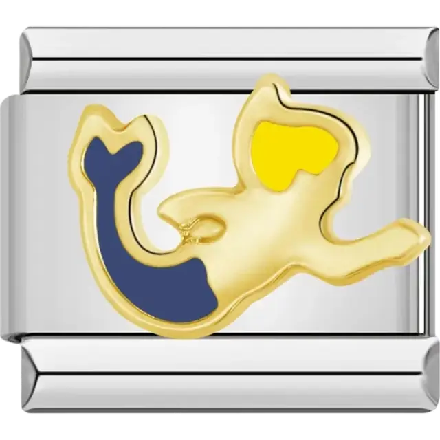 Gold mermaid with a blue tail and yellow hair Italian charm bracelet link