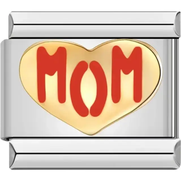 Gold heart design with red "MOM" text Italian charm bracelet link