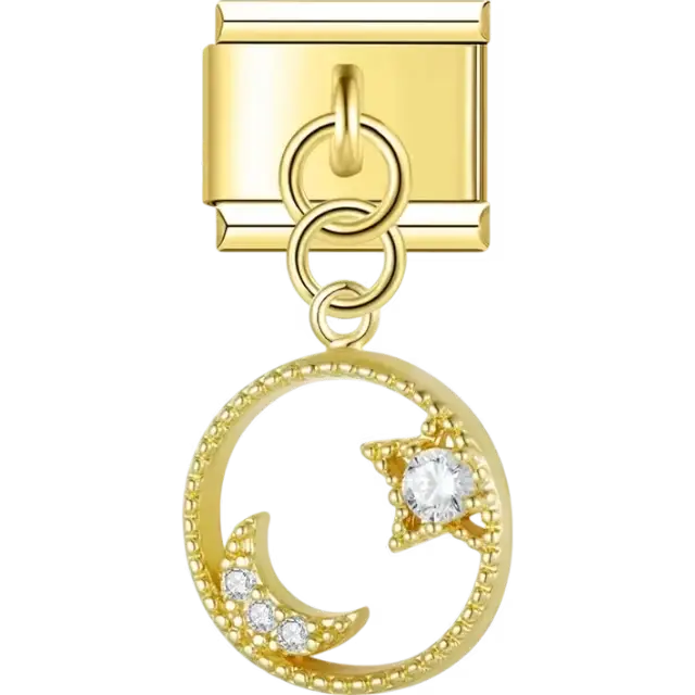 Gold-tone dangle charm with a crescent moon and star design adorned with clear crystals Italian charm bracelet link