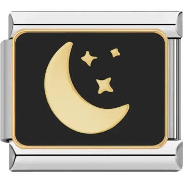 Gold crescent moon with stars on black background and gold trim Italian charm bracelet link