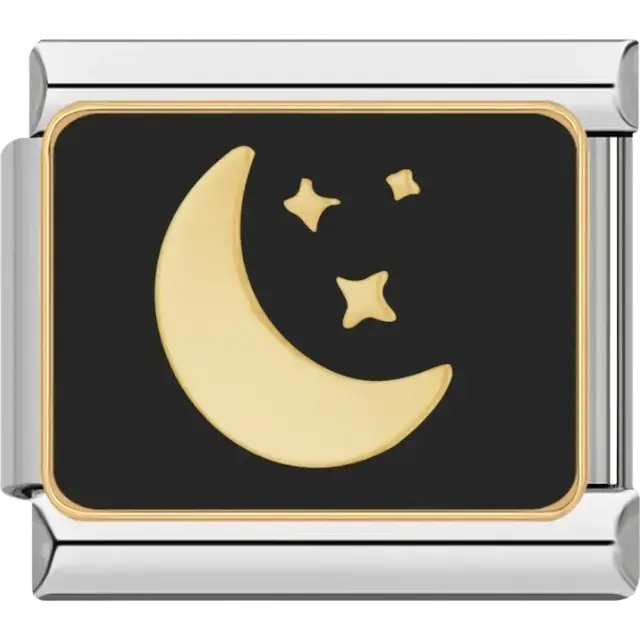 Gold crescent moon with stars on black background and gold trim Italian charm bracelet link