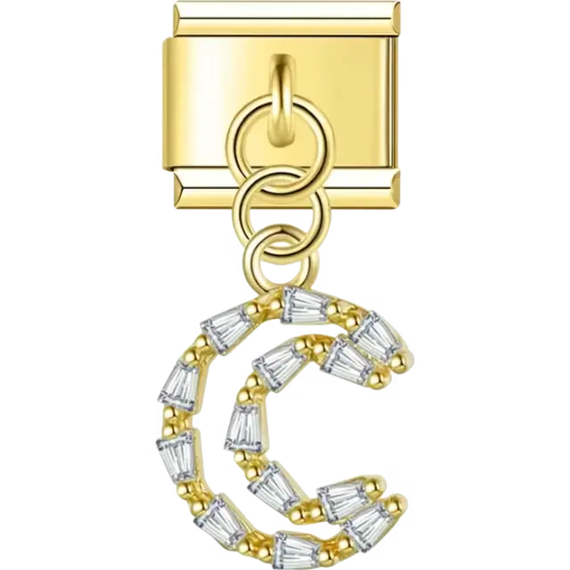 Gold crescent moon with crystal baguette accents design Italian charm bracelet link