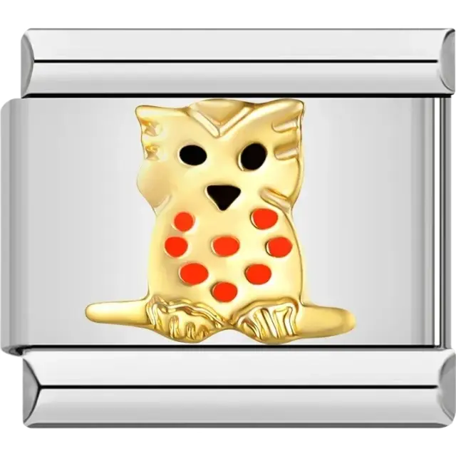 Gold owl with red spots and black eyes Italian charm bracelet link