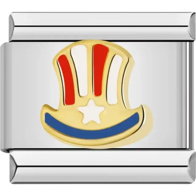 Gold hat with red white and blue stripes and a white star Italian charm bracelet link