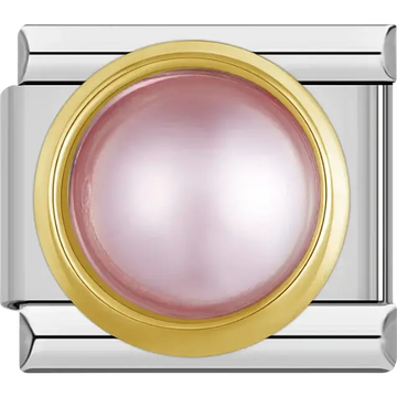 Gold round frame with pink pearl gemstone Italian charm bracelet link