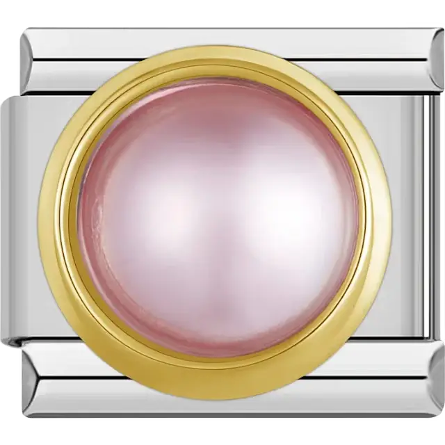 Gold round frame with pink pearl gemstone Italian charm bracelet link