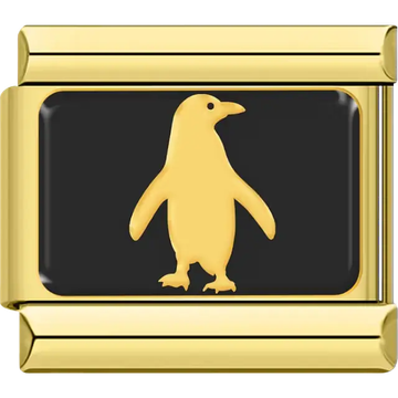 Gold penguin silhouette on black background Italian charm bracelet link