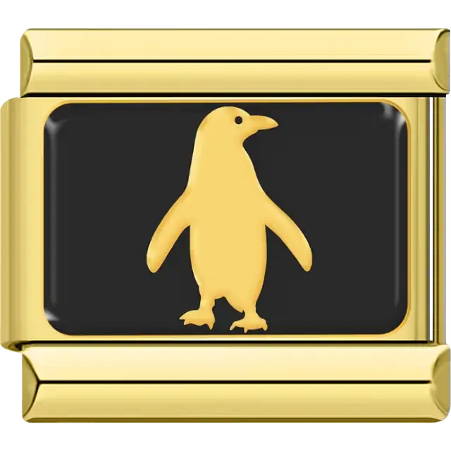 Gold penguin silhouette on black background Italian charm bracelet link