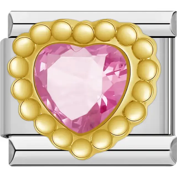 Gold heart with central pink gemstone Italian charm bracelet link