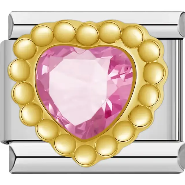 Gold heart with central pink gemstone Italian charm bracelet link