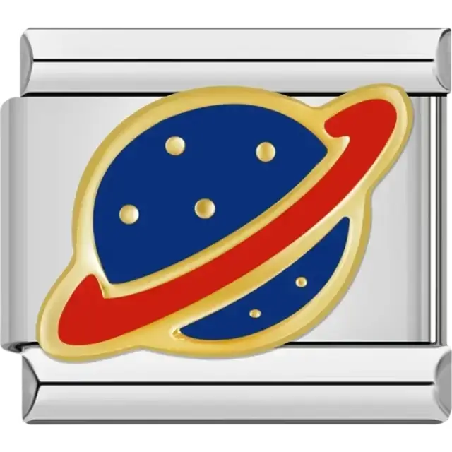 Gold-outlined planet with a blue base and red ring Italian charm bracelet link