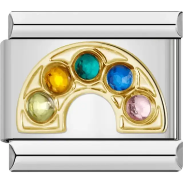 Gold rainbow design featuring six colorful crystals Italian charm bracelet link