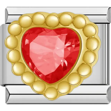 Gold heart with beaded border and central red gemstone Italian charm bracelet link