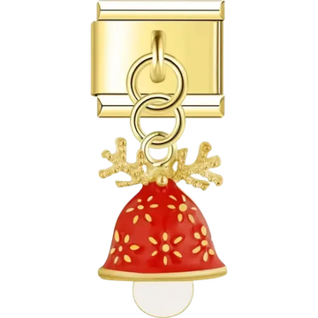 Gold reindeer horns with a red bell decorated in gold accents and a white dangle detail Italian charm bracelet link