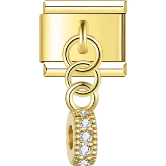 Gold ring with clear gemstone accents and dangle chain detail Italian charm bracelet link