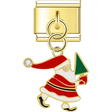 Gold Santa Claus with a red outfit black boots green tree and a crystal accent Italian charm bracelet link