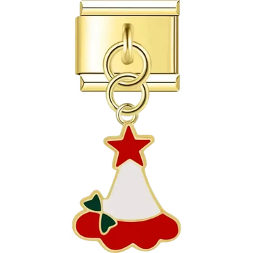Gold Santa hat with red white and green details and a red star Italian charm bracelet link