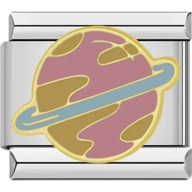 Gold-outlined Saturn with pink and yellow detailing and a blue ring Italian charm bracelet link